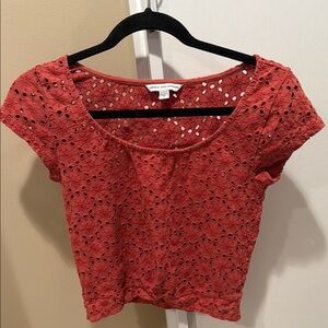 American Eagle Outfitters Red Pink Eyelet Short Sleeve Top Size S